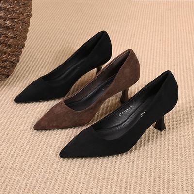 Moda elegante zapatos de salón de flocado para damas, punta afilada, tacones altos básicos, zapatos OL, tacón fino, tacones de mujer, boca poco profunda, zapatos de mujer 2025