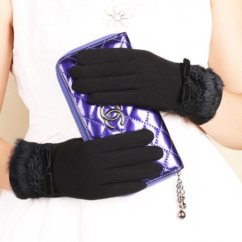 Warm gloves autumn and winter women's bow thickened fleece cold-proof outdoor riding non-inverted fleece touch screen gloves