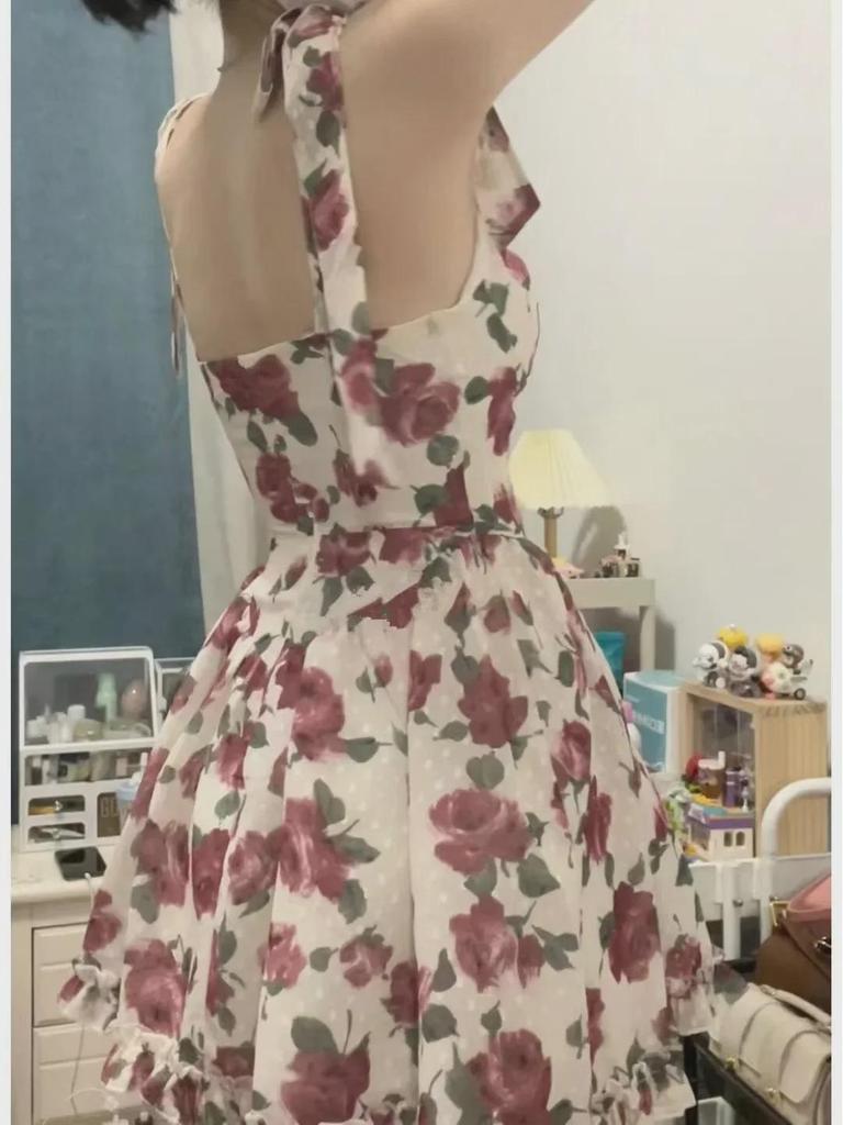 Rochie Catyears de vară fără mâneci cu imprimeu trandafir roșu de ceai - Croială slim fit, pur romantică