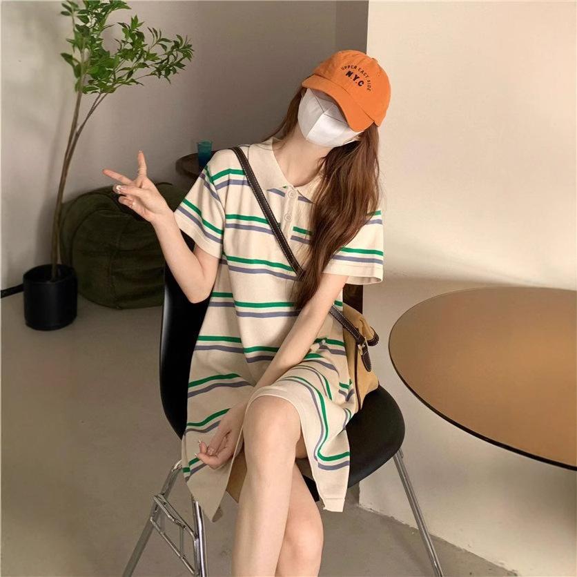 Champion rainbow polo collar loose striped knitted skirt women's summer 2026 new Korean age-reducing short-sleeved dress