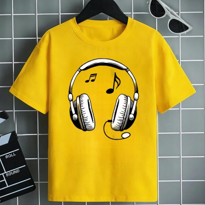 Kinder Baumwolle T-Shirt mit Kopfhörer-Print, Rundhals, Kurzarm