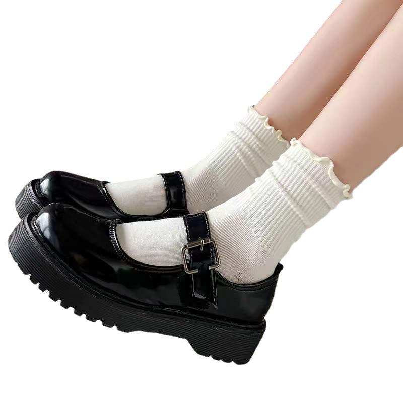 Women's White Lace Mid-Tube Socks with Wooden Edge - All-Season Mary Jane Style, Perfect for Spring and Autumn with JK Japanese Design.