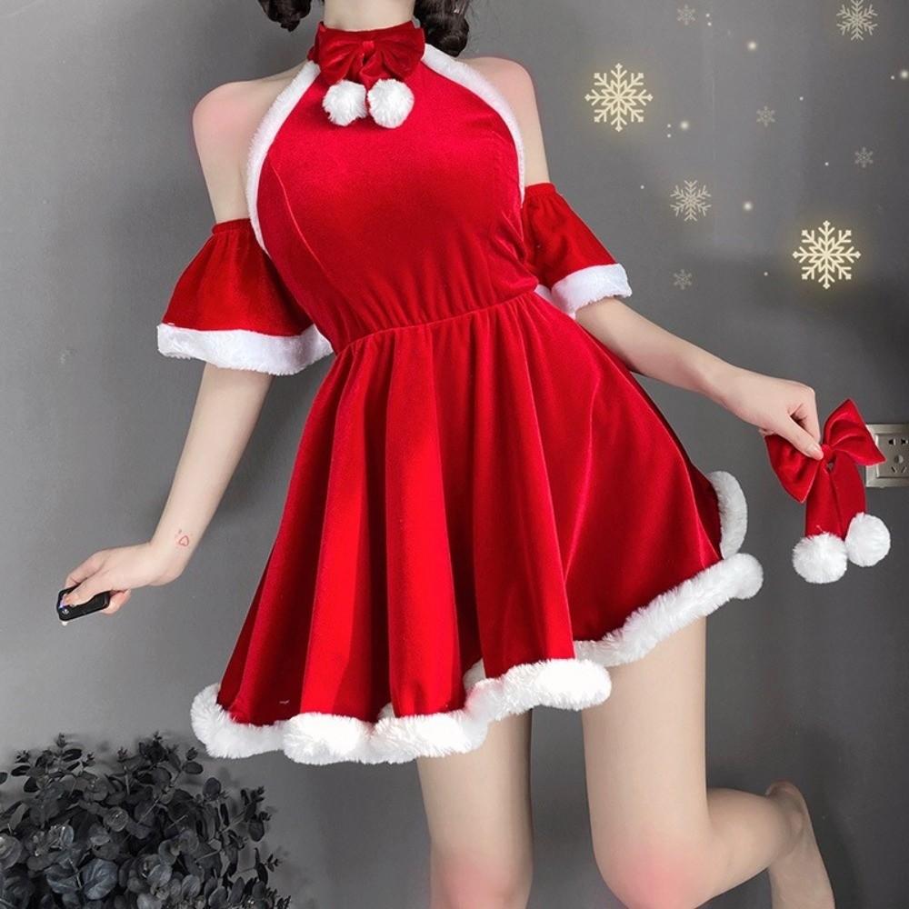 Santa Hat Christmas Dress Set Gold Velvet Christmas Perform Costume Bunny Girl Costume  Xmas Suit