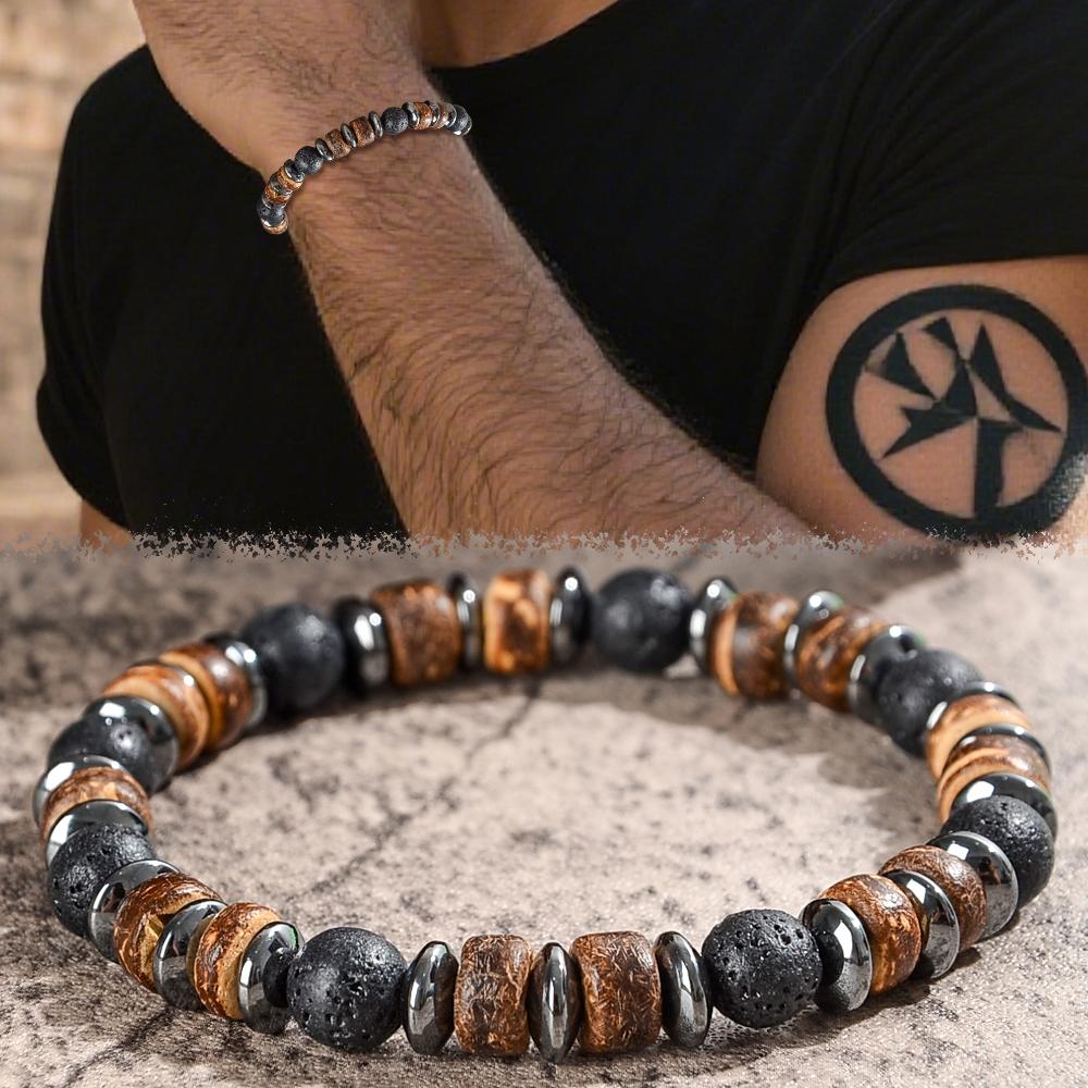 Men's Lava and Wood Bead Bracelet, Embellished with Hematite, Natural Stone Jewelry That Combines Energy,suitable for Daily Wear