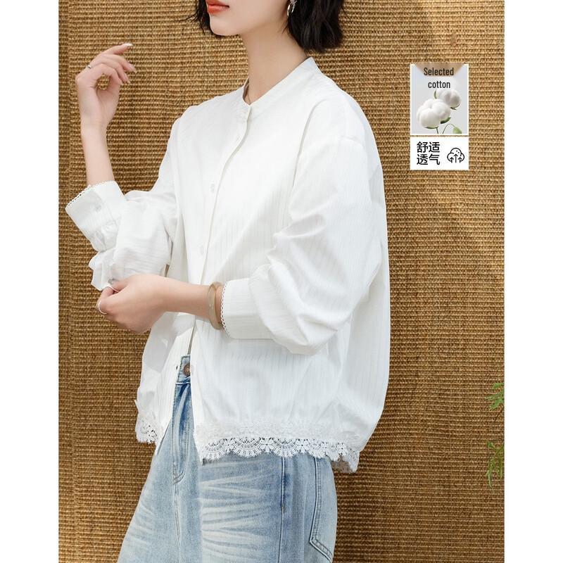 Demana Cloud Oxygen Cotton Lace Trim Stand-up Collar Shirt XL