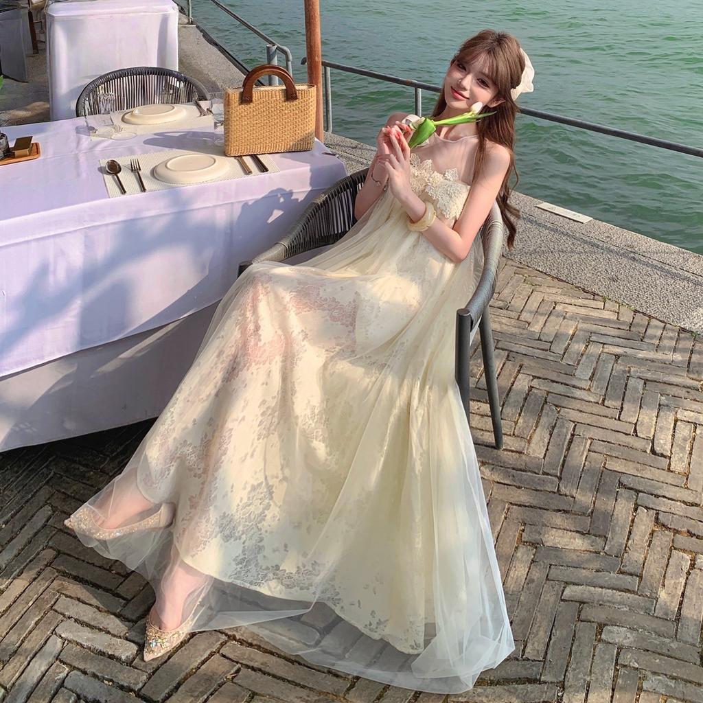 Morning Robe Female Bride French Super Fairy Engagement Dress Atmosphere Three-dimensional Lace Floral Pendulum Mesh Dress