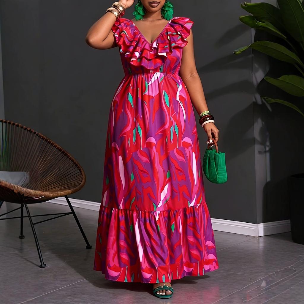 European and American large-size summer new fashion printing vacation ruffle V-neck medium and long dress