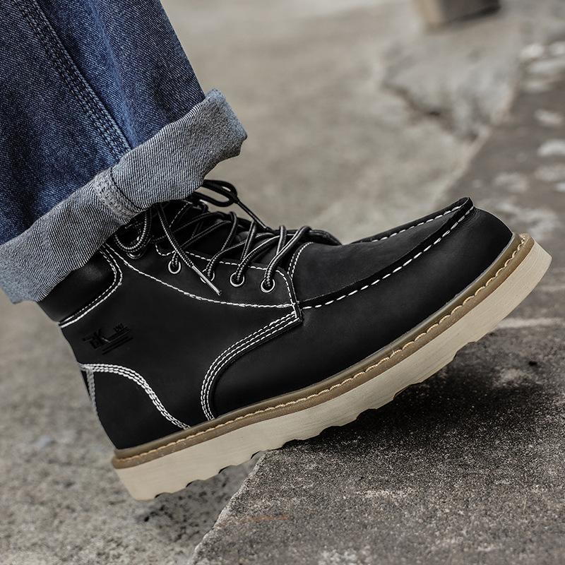 Big Yellow Boots Martin Boots Men's and Women's Couples Casual Leather Boots British Style Tooling Boots Medium and High Top Shoes Fleece Short Boot