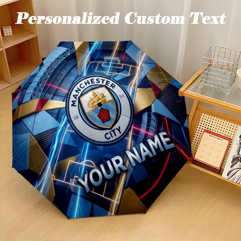 8 Rib Auto Folding Umbrella Manchester City Print Custom Name Text Portable Rain Gear
