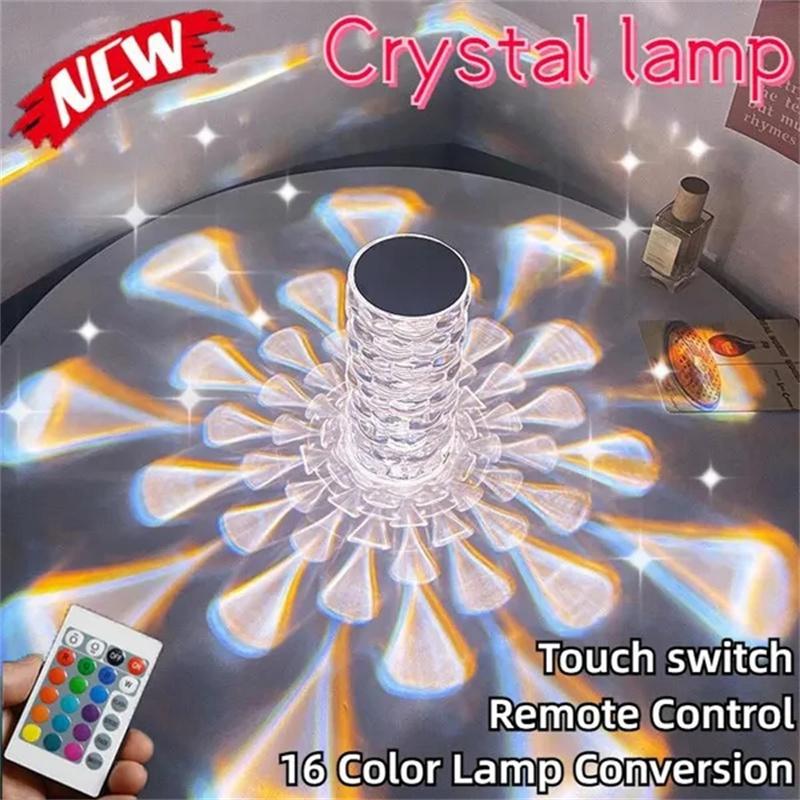 LED elmas kristal masa lambası su damlası projektör 3/16 renkli dokunmatik ayarlanabilir romantik elmas atmosfer ışığı USB dokunmatik gece lambası ev dekorasyon