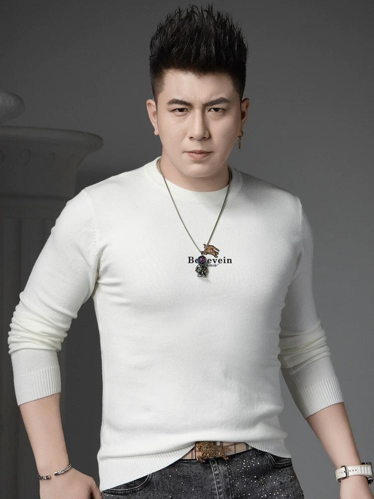 European Style Trendy Letter Print Sweater Men s Knitwear Autumn Inner Wear Wool Sweater Men s Round Neck Base Shirt 3XL белый