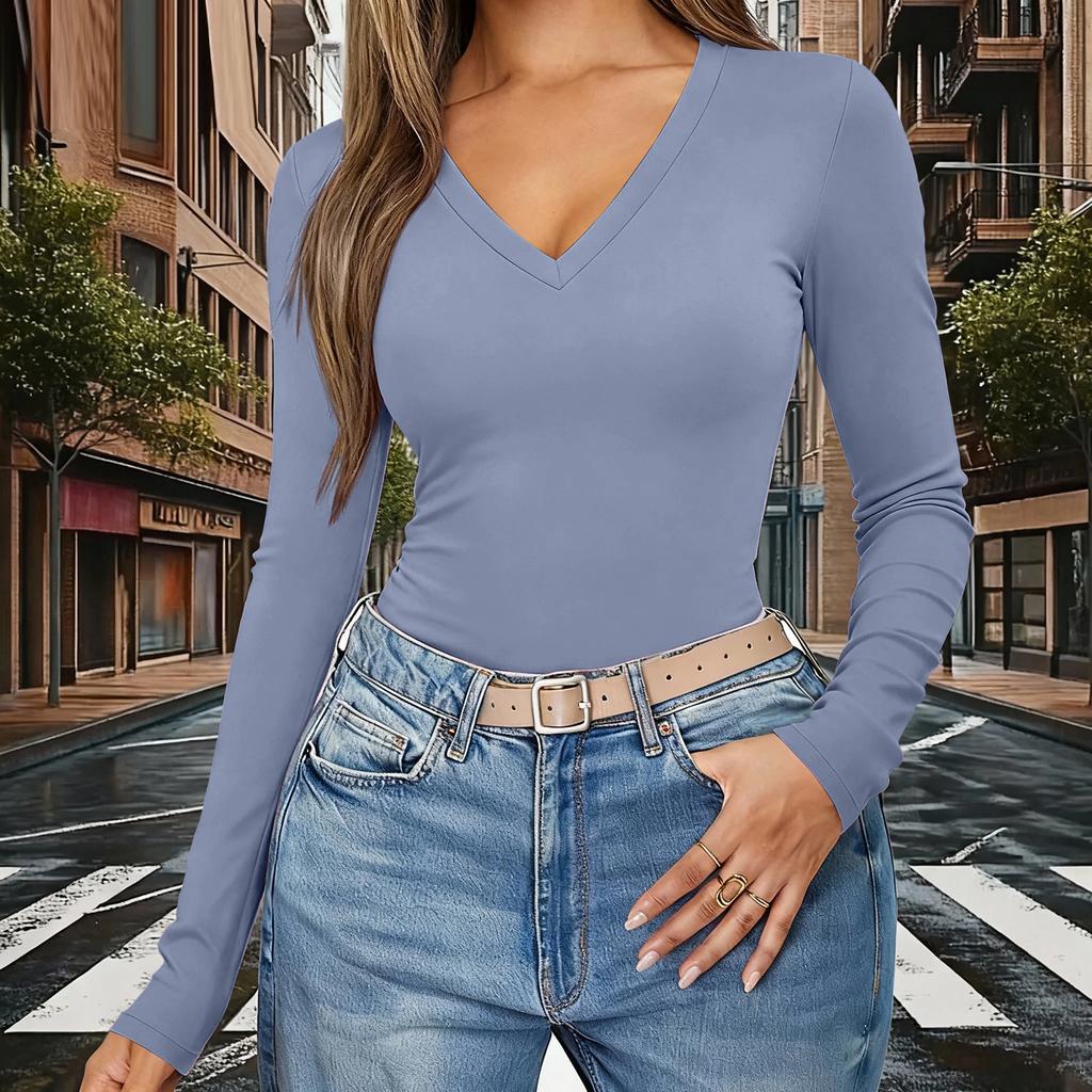 Women's Color V,Neck Slim,Fit Long,Sleeve Top
