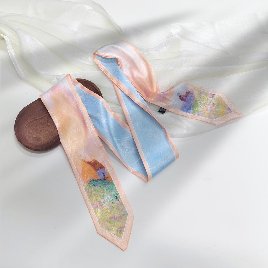 French green small long narrow silk scarf women's spring and autumn pointed corner tied bag ribbon braided hair band headgear scarf streamer belt