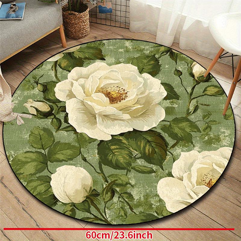 White Roses Green Leaves Pattern Round Shape Floor Mats Kitchen Hallway Runner Rug Bedroom Living Room Soft Carpet Non-slip Area Rug
