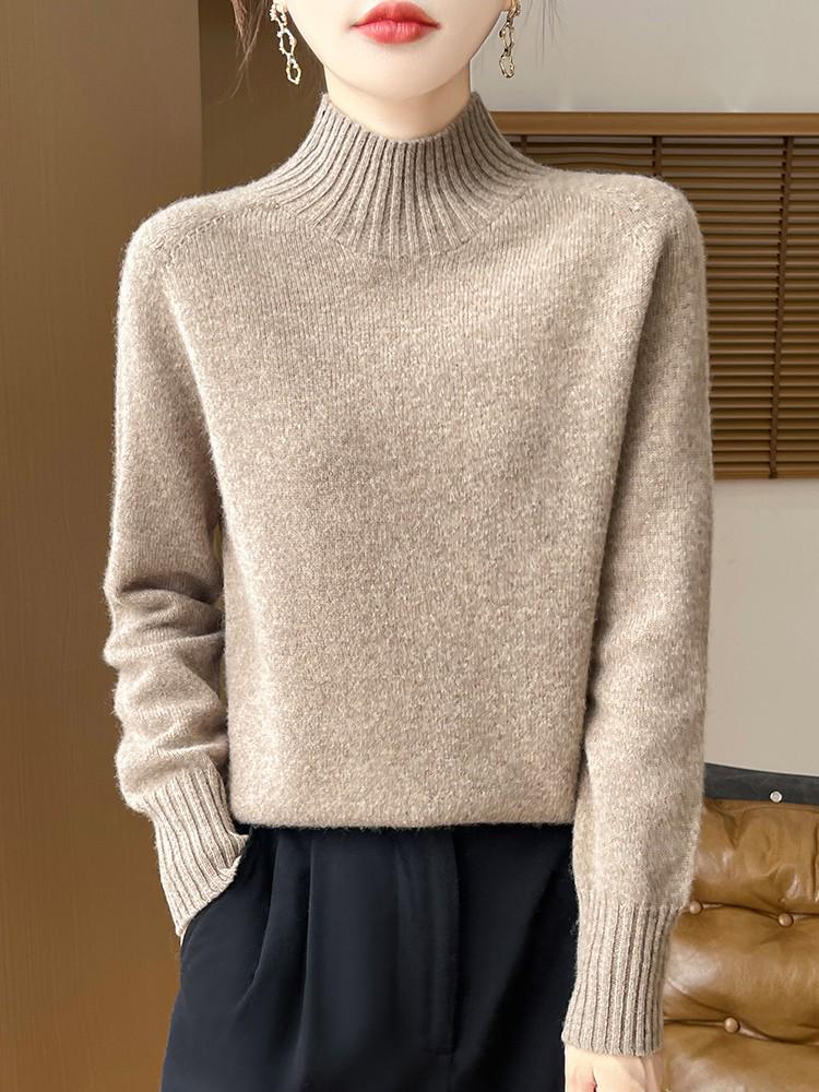 Women's 100% Pure Wool Half-High Neck Long-Sleeve Pullover Sweater - Thickened Base Layer for Autumn and Winter