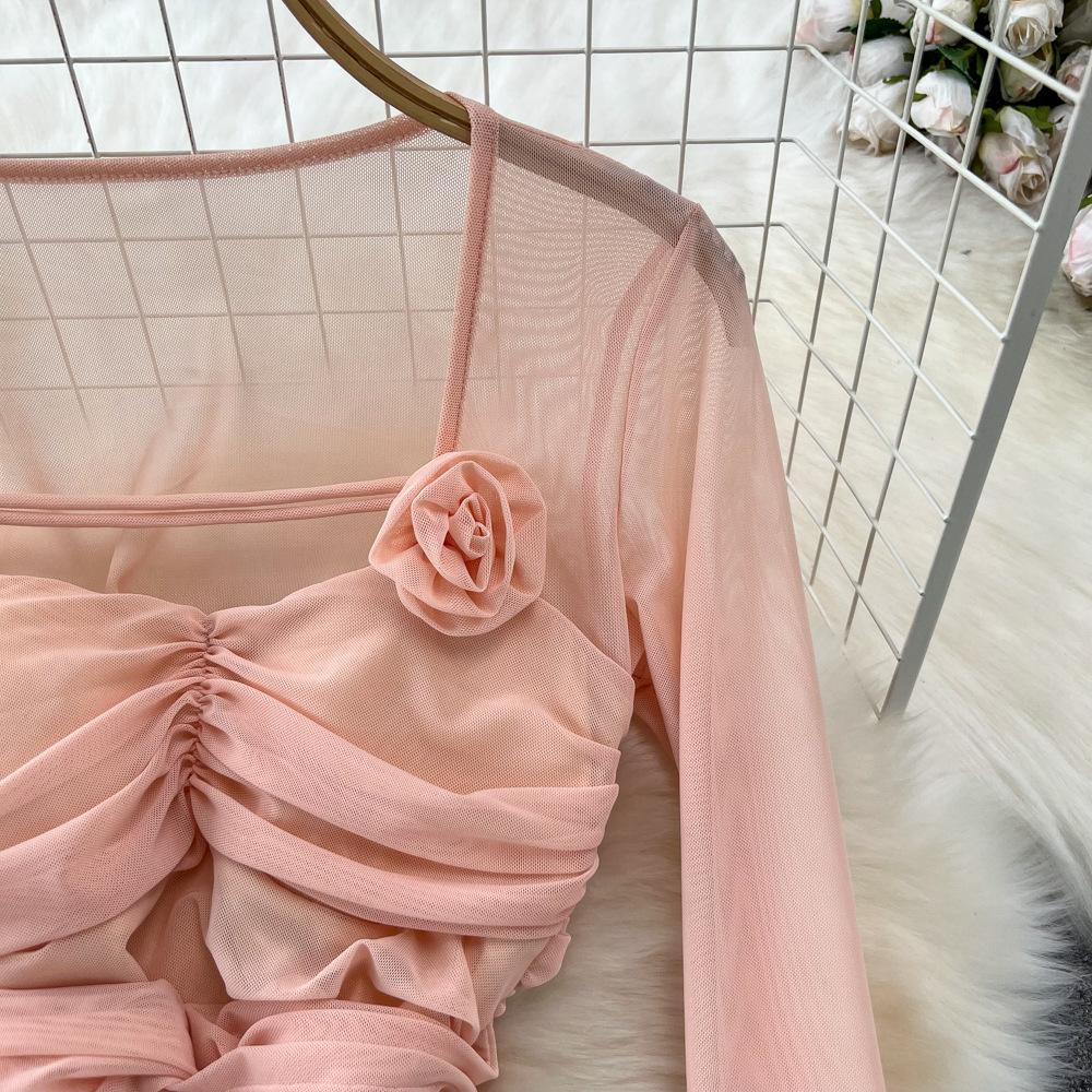 Spring and Autumn Women's Dress Pure Desire Spice Girl Sexy Long Sleeve Square Neck Waist Slimming Mesh See Through Stereoscopic Flower Hip Dress