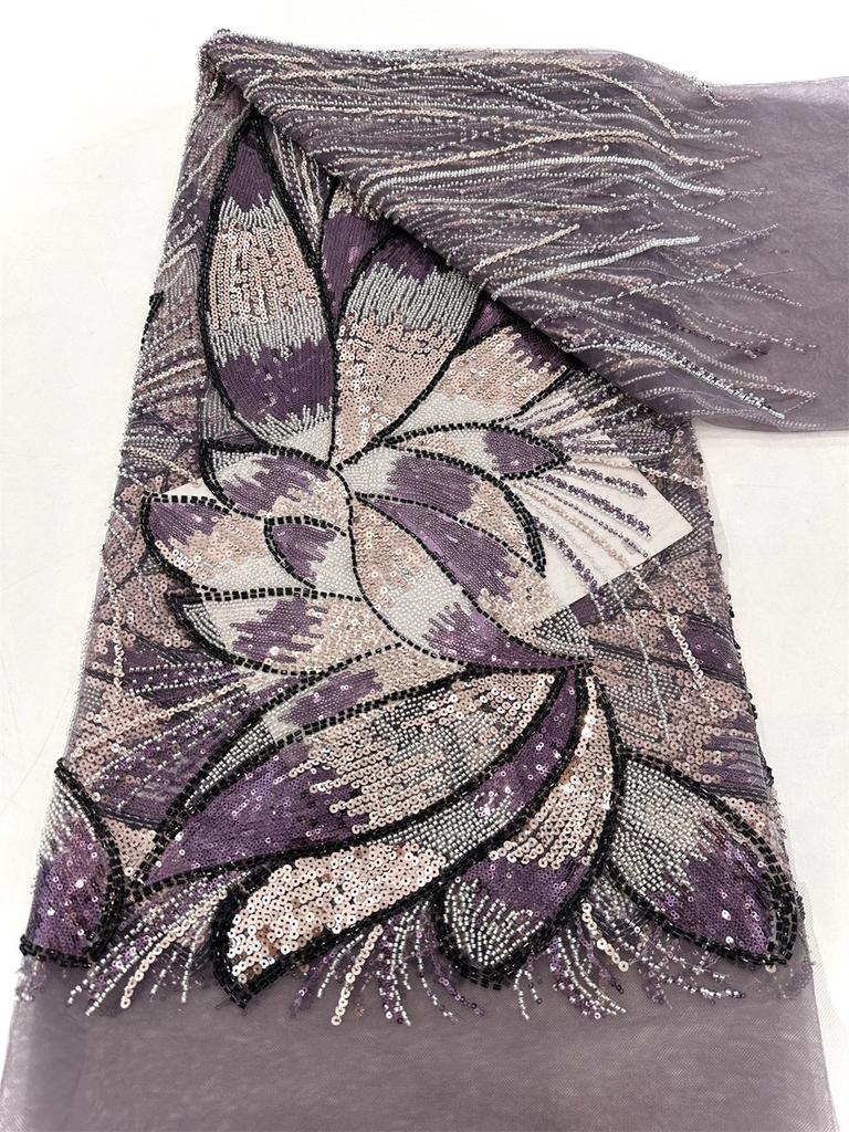 Latest African Beaded Lace Net Fabric 3 Yards 2025 High Quality Nigerian Wedding Material Luxury Sequins Beads Fabric for Sewing