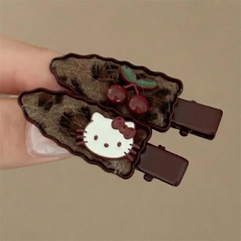 Cherry Leopard & Gingham Bow Hair Clips – 2-Piece Korean Style Vintage Accessory for Autumn/Winter