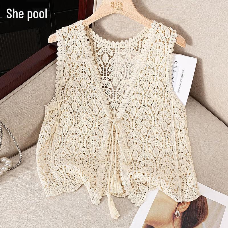 Women s Crochet Lace Hollow V-Neck Vest One Size абрикосовый