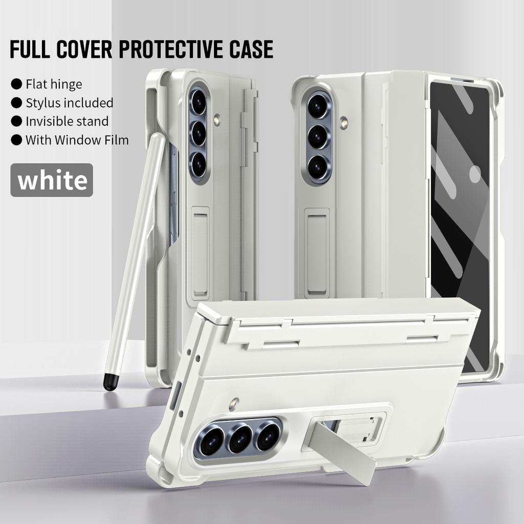 Full-Coverage Phone Case with Built-in Stand for Samsung Z Fold 7 6 5 4 with S Pen Tempered Glass Shield Hinge Protection Cover
