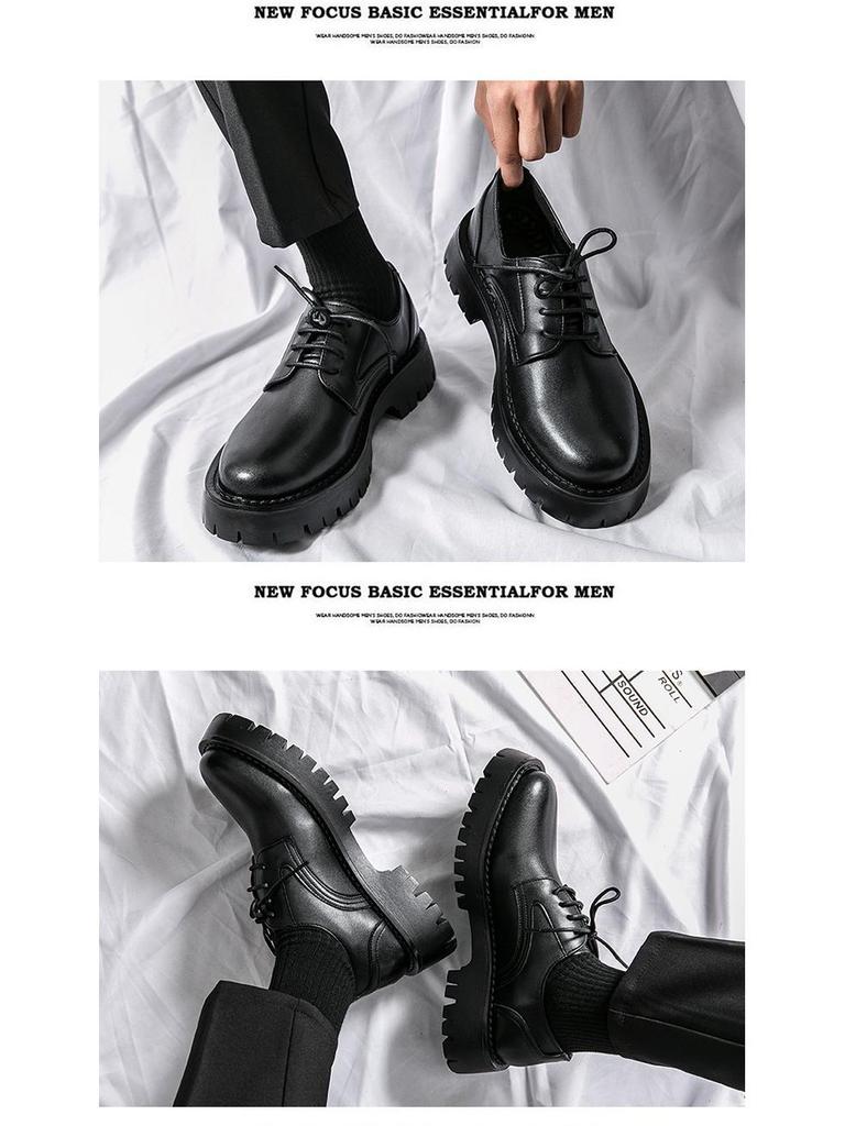 Men's Black British-Style Retro Height-Boosting Leather Shoes - Casual, Low-Top, Wear-Resistant, All-Season