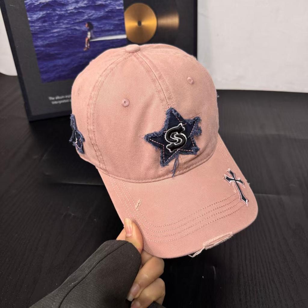 Retro hole five-pointed star baseball cap female face small summer big head circumference thin breathable versatile cap