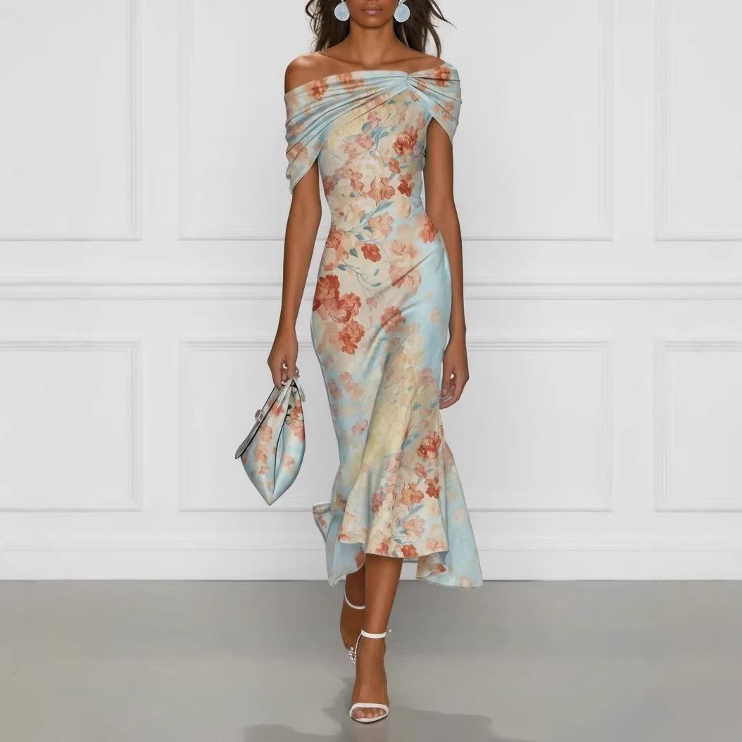 Women s Off Shoulder Floral Print Dress with Knot Detail and Mermaid Hem S