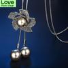 Elegant Look Simulated Pearl Long Necklaces Women Bijoux Stylish Crystalline Flower Stylish Jewelry Sweater Necklaces PendantsElegant Pendant Necklace