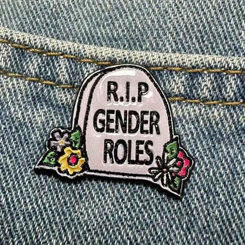 "R.I.P Gender Roles" Tombstone Flower Death Brooch Unique Irregular Shape Perfect Backpacks Jeans Coats