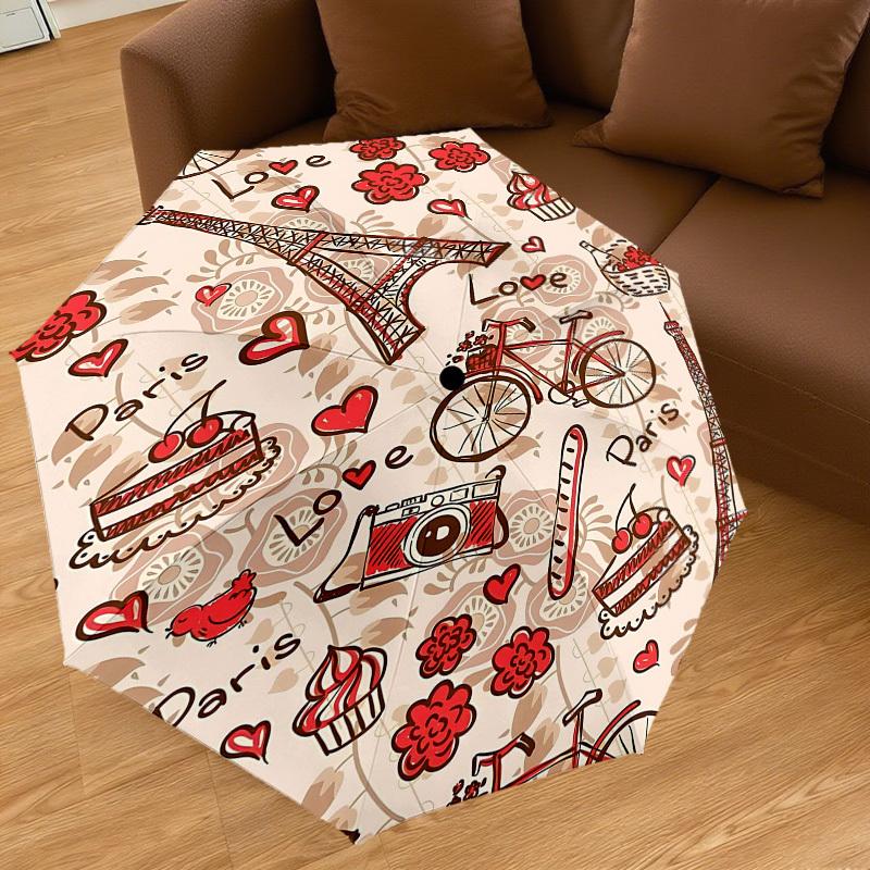 1pc Paris Love Automatic Open/Close Umbrella Compact Folding Umbrella with 8-Rib Shaft for Women/Men, Portable Travel Umbrella,1213S