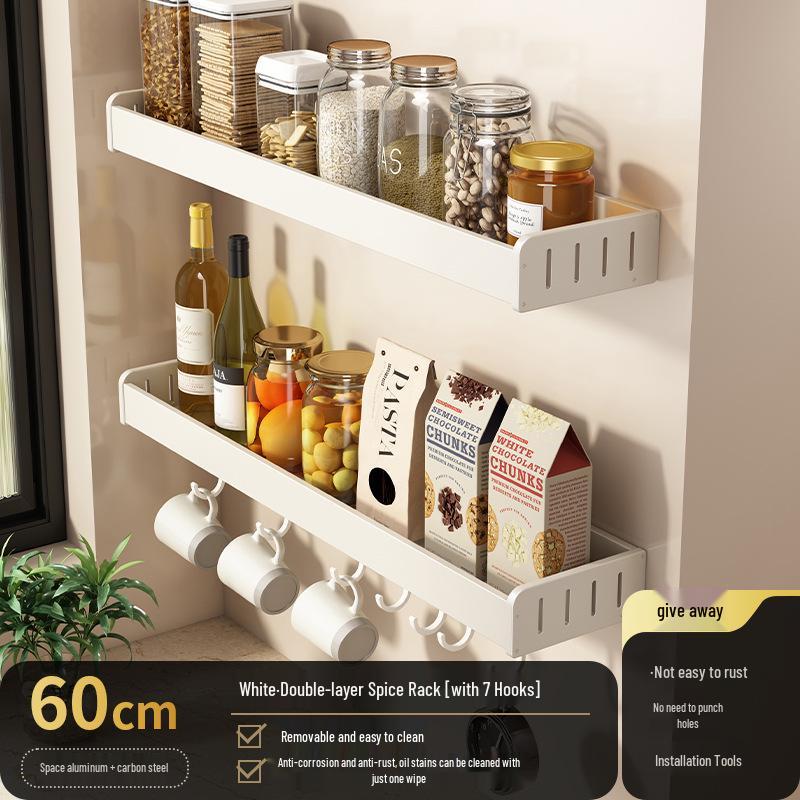 White Wall-Mounted Kitchen Rack: No-Drill Seasoning, Knife, and Chopsticks Organizer