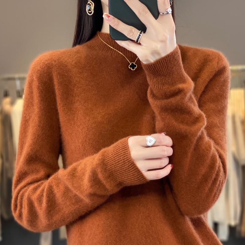 

Women s Pure Wool Ribbed Sweater - Autumn/Winter Loose Fit Semi-High Neck Pullover L