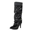 Fashion Women Over The Knee Boots High Heels PU Leather Solid Pointed Toe Stiletto Slip-on Rivet Folding Femininos Booties Cool Boots