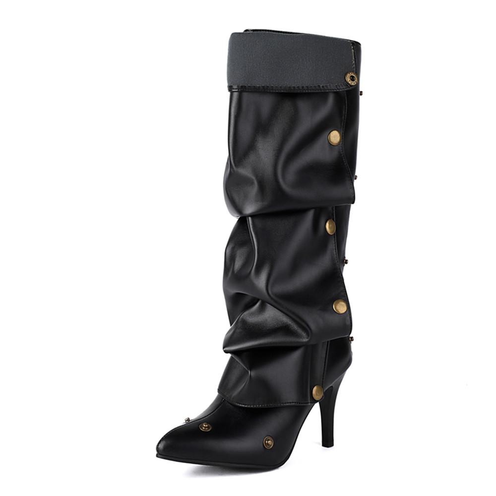 Fashion Women Over The Knee Boots High Heels PU Leather Solid Pointed Toe Stiletto Slip-on Rivet Folding Femininos Booties Cool Boots
