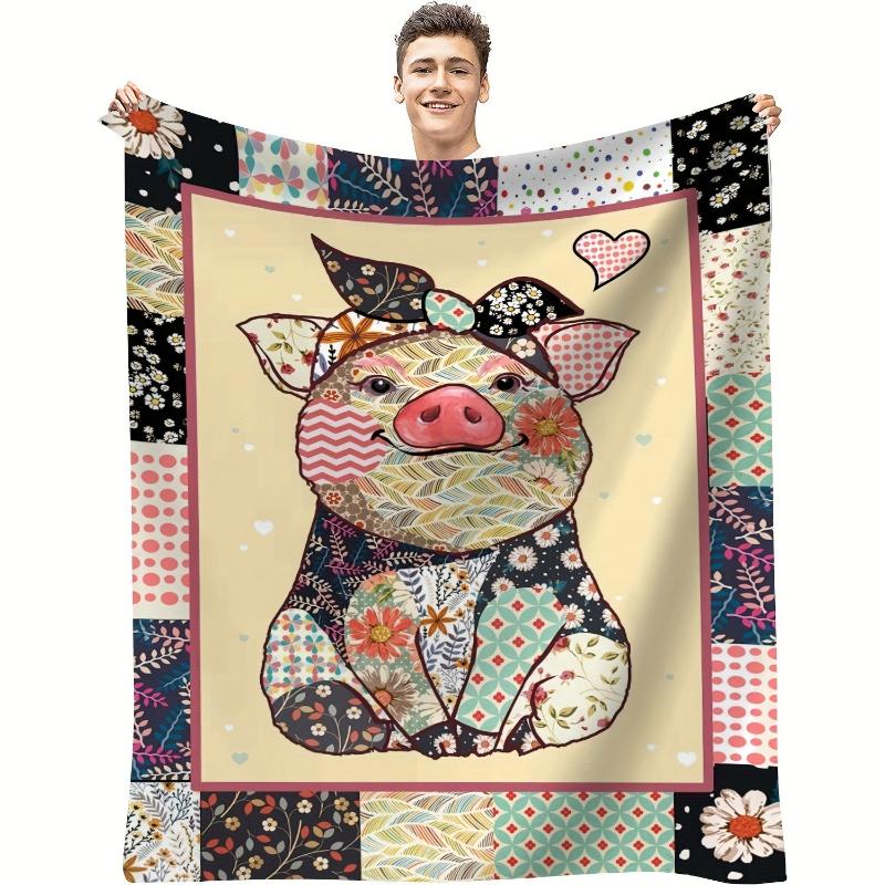 Whimsical Floral Patchwork Pig Flannel printed blanket suitable for all seasons suitable for living room office sofa and travel