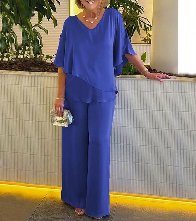 

2024 Однотонный V-образный вырез Неровный подол Большой размер Повседневный комплект 2XL синий