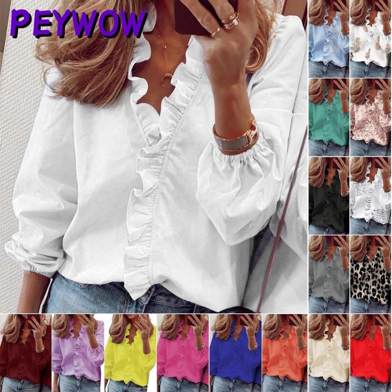 PEYWOW Women's Fashion Casual Summer Spring Autumn Winter V-Neck Blouses & Shirts