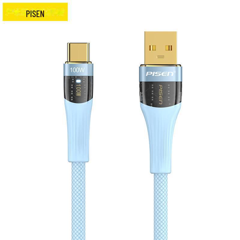 

PISEN 100W Aluminum Alloy Transparent 6A Braided Data Cable with Light for Huawei Android Charging