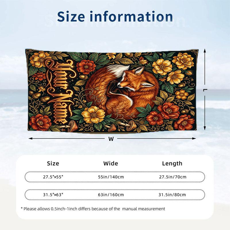 Fox Flowers Poster Theme Quick Dry Beach Towel Custom Name Text Print Large Sand Resistant Towel Beach Vacation