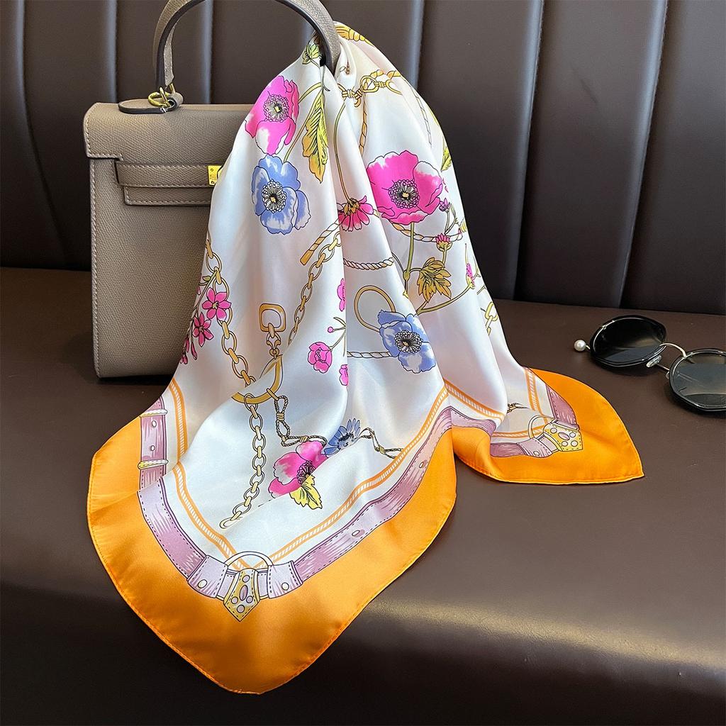 Luxury Chain Print Silk Scarf Women Square Hijab Summer Beach Shawls Neckerchief Neck Ties 70*70cm Foulard Kerchief Neck Scarves