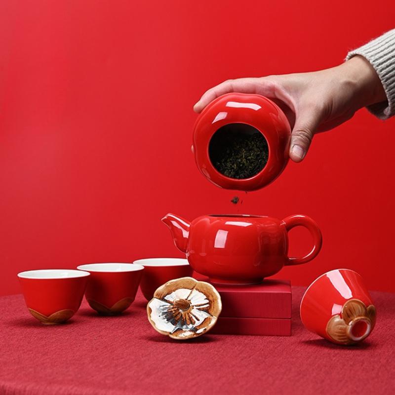 Lucky Persimmon RedTeaSet GiftBox - Chinese Festive Ceramic Tea Ware for Clients Business Gifts & Home DecorationElegant Present
