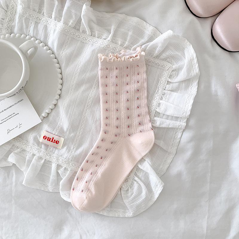 Female Spring and Summer Sweet with Small Broken Flowers and Wood Ear Mesh Breathable Boneless Tube Pile Socks