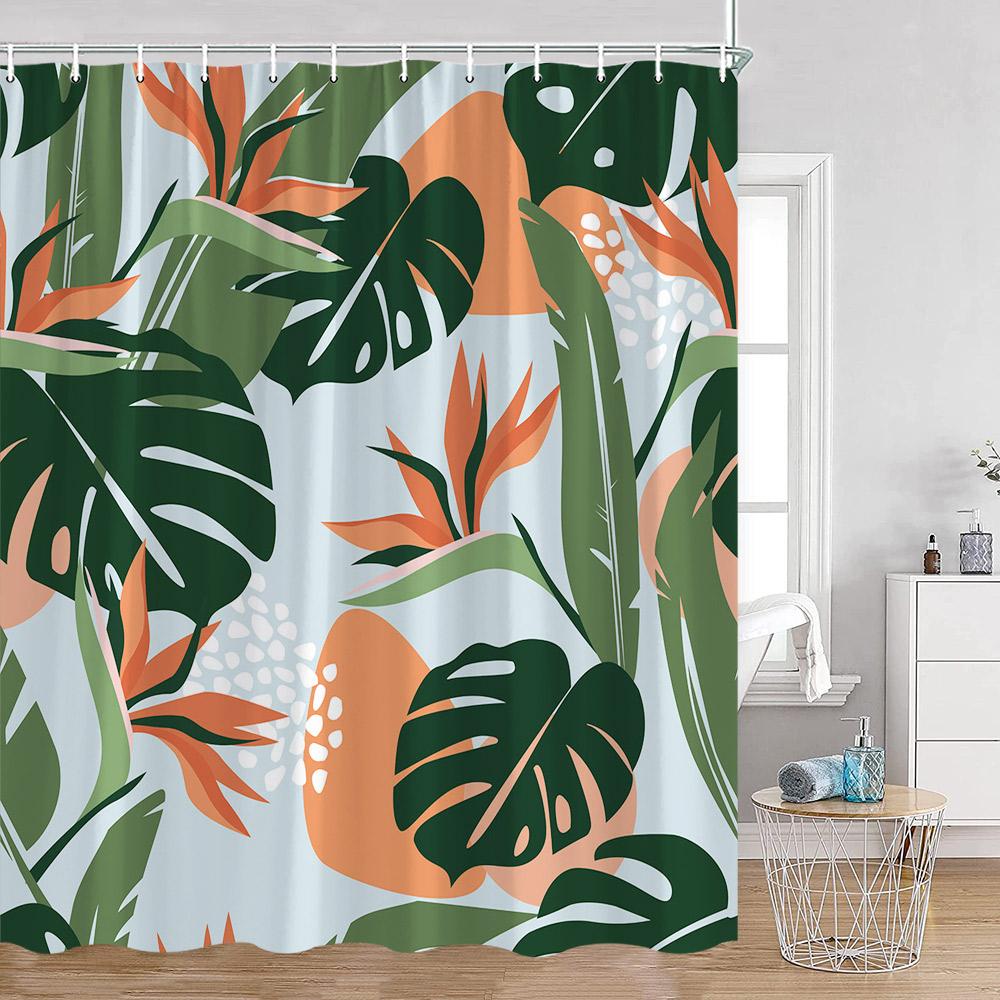 Green Leaves Shower Curtains Monstera Palm Leaf Green Plants Botanical Bathroom Curtain Greenery Bath Deorations with Hooks