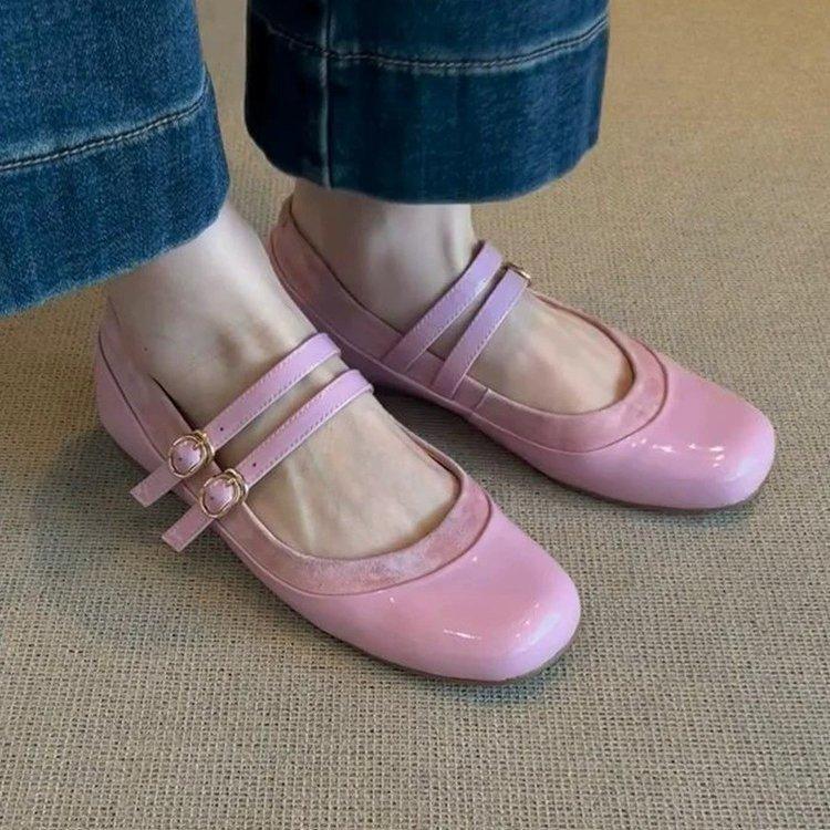 Sheepskin Version~ Leather Flat-bottomed French Temperament Round Head One-word Buckle Mary Jane Shoes Women's Retro Shallow Mouth Ballet Shoes
