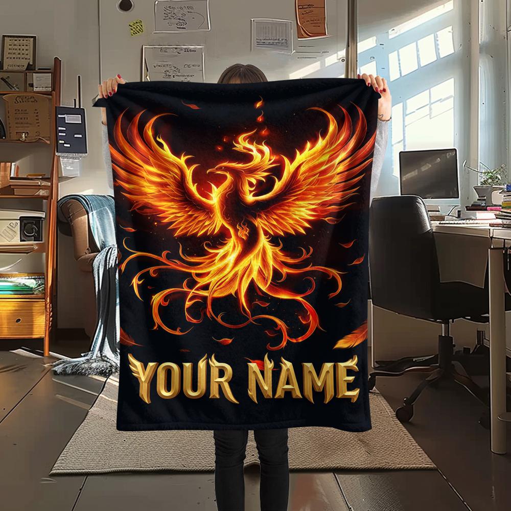1PC Custom Name Phoenix Artwork Patterned Flannel Blanket Suitable For All Seasons for Home Decor Warmth and Comfort Gifts Holiday Present_lx
