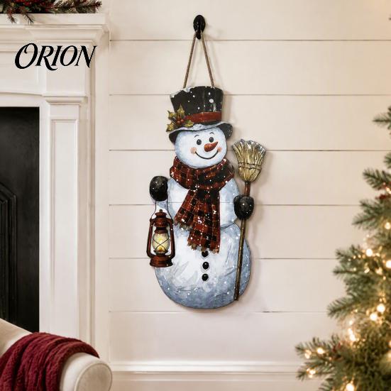 Traditional American Holiday Style Vintage Christmas Door Welcome Sign, Rustic Santa Claus Snowman Wooden Winter Seasonal Wall Art Wreath, Farmhouse