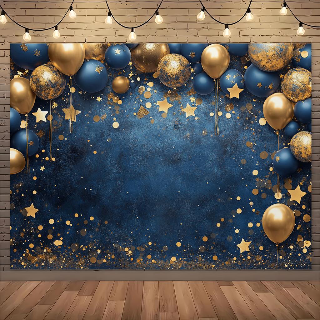 Un elegante fondo de poliéster con globos y estrellas azules y doradas, decoración multifuncional para la boda