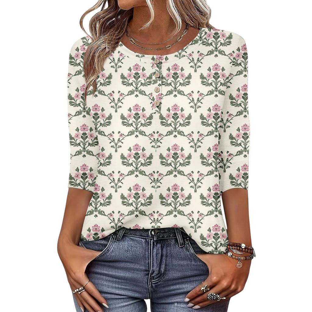 3/4 Sleeve Shirts For Women Button Down Shirt Top For Women Half Button Down Print Graphic Blouse