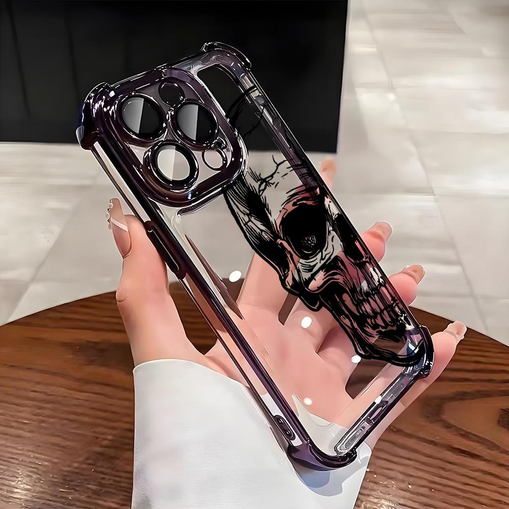 Cool Black Skull Pattern Transparent Phone Case For iPhone 17 16 Pro Max 15 14 Plus 13 12 11 17 Air 16E Shockproof Soft Cover