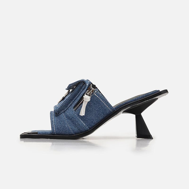 Summer Women New Genuine Leather Denim Open Toe Metal Strange Heels Concise Pleated Cut Out Modern Gladiator Slippers